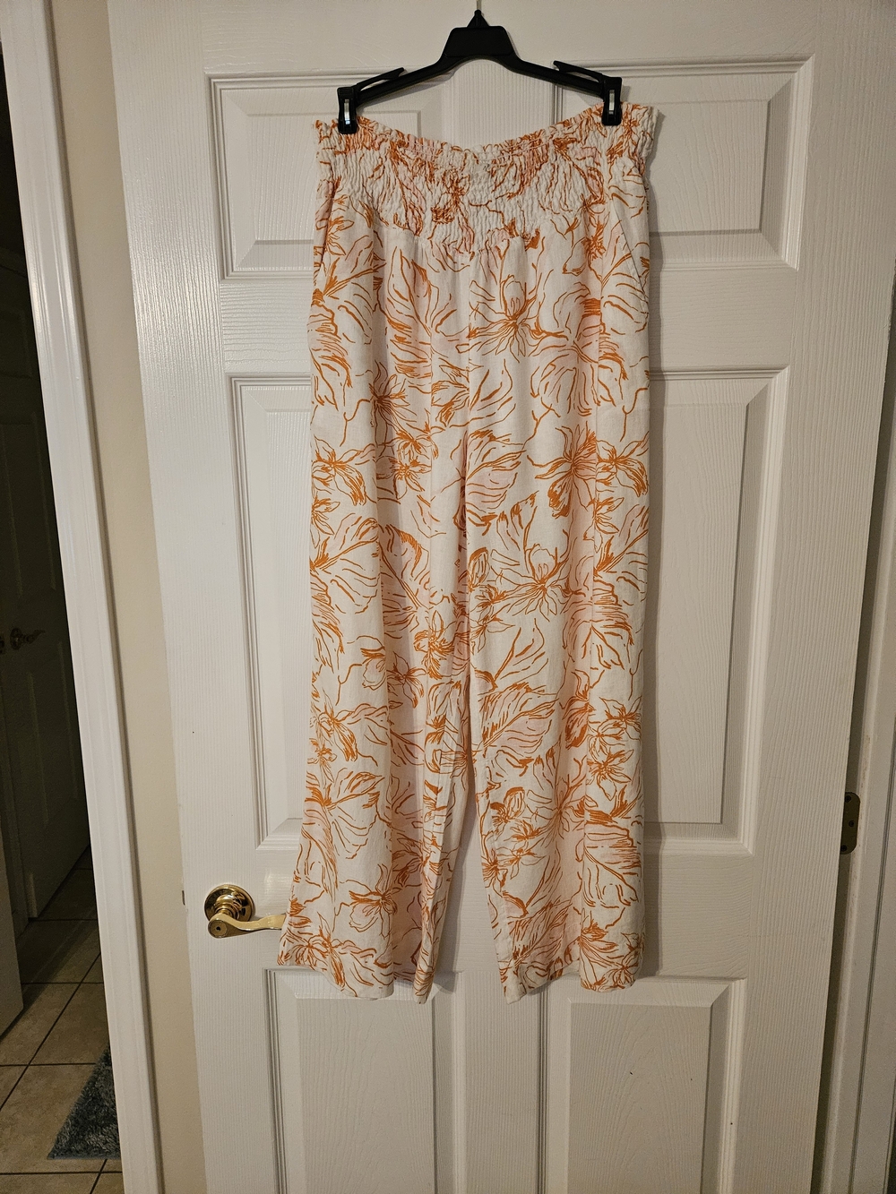 Joie Cream & Orange Smocked Wide-Leg Pants  Size Medium